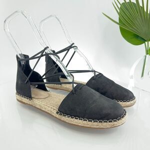 Eileen Fisher Women's Espadrille Shoe Size 8 Elastic Lace Ankle Strap Flat Black